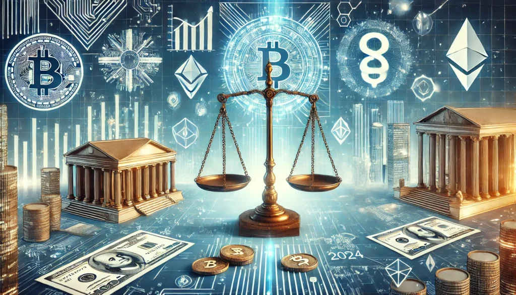 A detailed illustration showing the concept of cryptocurrency regulations in 2024. The image should feature a futuristic cityscape with digital elemen
