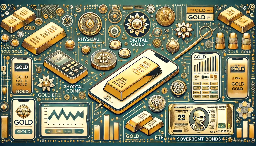 A modern, detailed horizontal illustration of various ways to invest in gold in India. The image includes representations of physical gold such as jew
