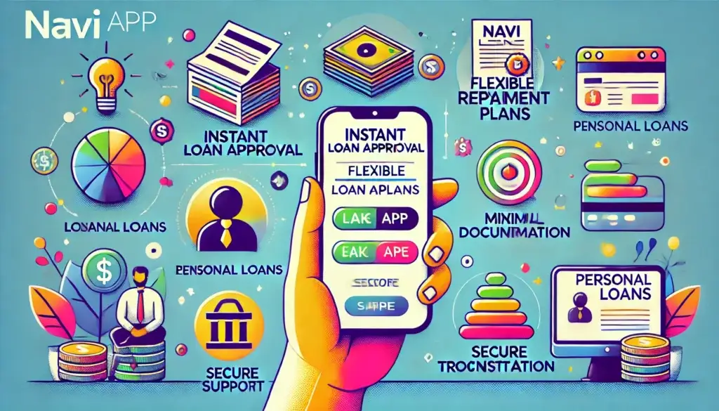 Wide illustrated guide of Navi app interface on smartphone highlighting features like instant loan approval, flexible repayment plans, and minimal documentation, with background icons for personal loans, customer support, financial growth, and a secure transaction symbol in all bright and vibrant colors with a color pop effect and professional, readable fonts.