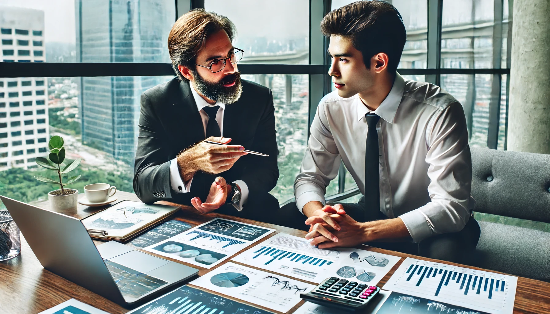 A financial advisor discussing investment strategies with a client, surrounded by charts and graphs representing various investment options. The advis