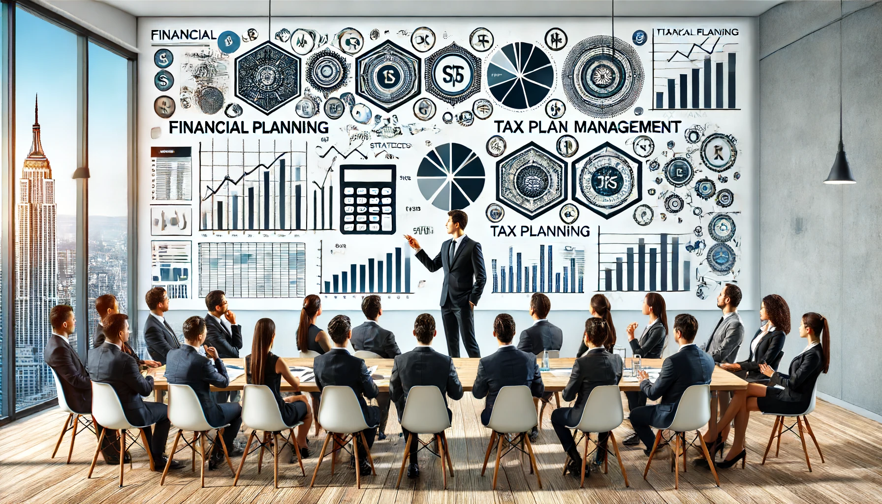 visual representation of financial planning and tax management. The image includes a professional financial advisor presenting a diver