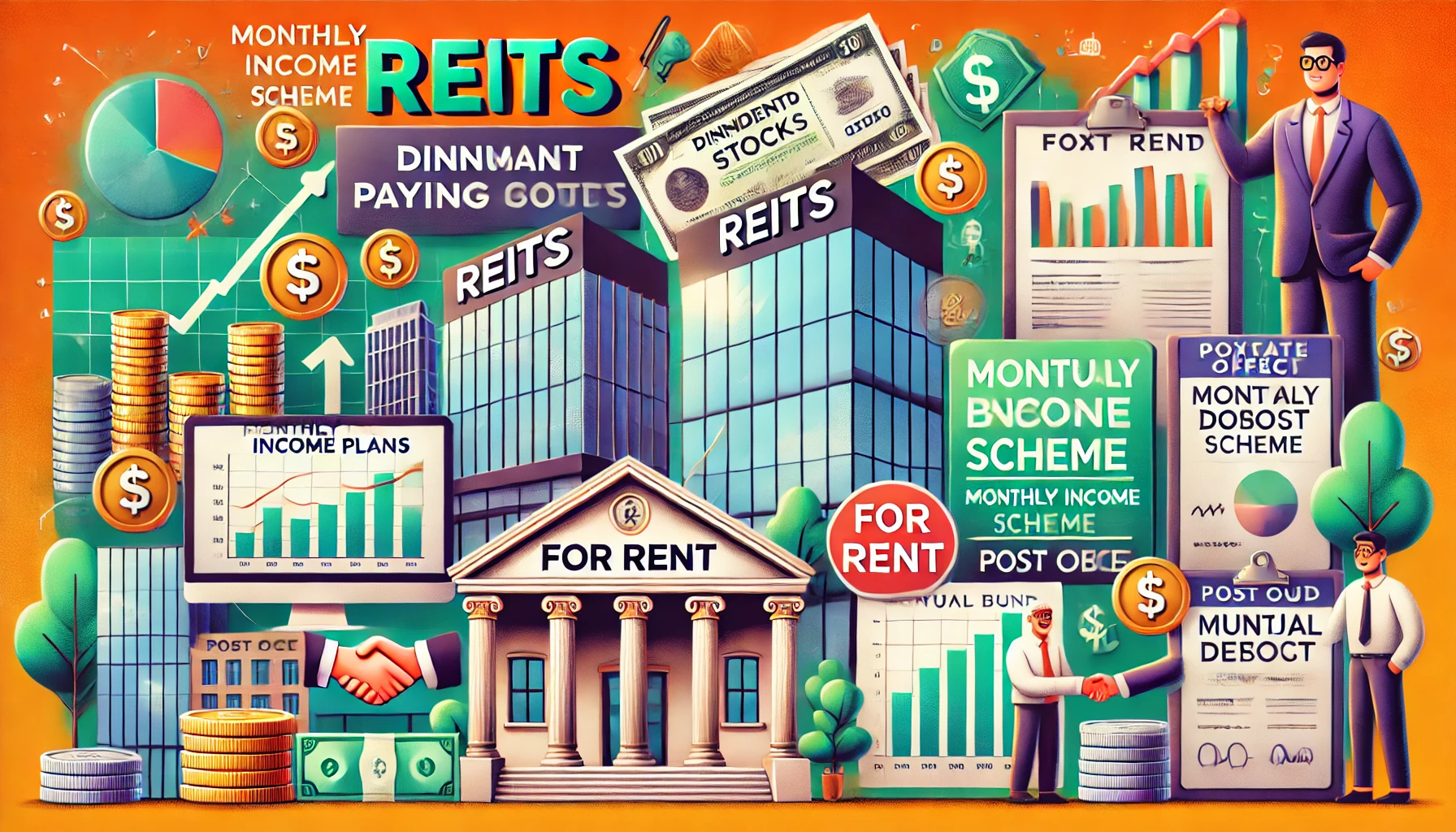 A diverse range of investment options including dividend-paying stocks, REITs, rental properties, peer-to-peer lending, monthly income plans, corporate bonds, post office monthly income schemes, fixed deposits, annuities, municipal bonds, mutual funds, and lease agreements, all represented visually.