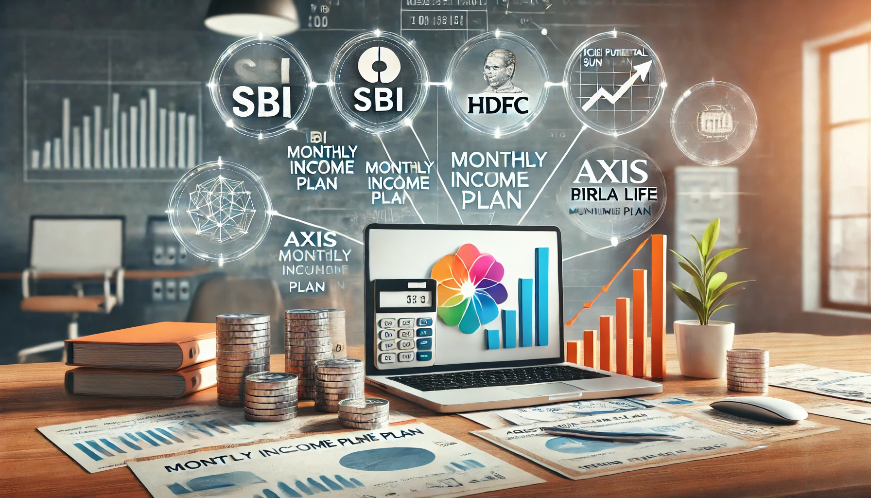 A modern office desk displaying financial documents for SBI Monthly Income Plan, HDFC Monthly Income Plan, ICICI Prudential Monthly Income Plan, Axis Monthly Income Plan, and Aditya Birla Sun Life Monthly Income Plan, along with a laptop showing a growth chart and clear Indian Rupee (₹) symbols prominently featured.