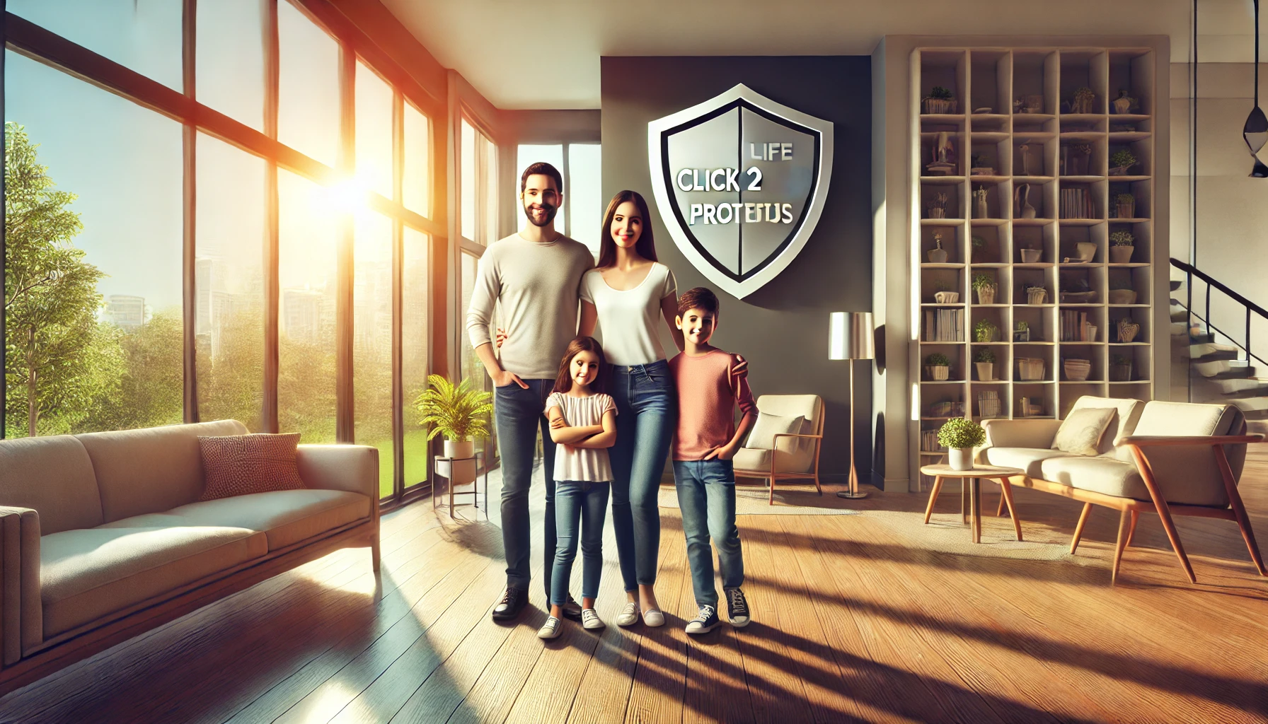 Family standing together in a modern living room, symbolizing financial security and protection with HDFC Life Click 2 Protect Plus, featuring large windows, indoor plants, and cozy seating area.