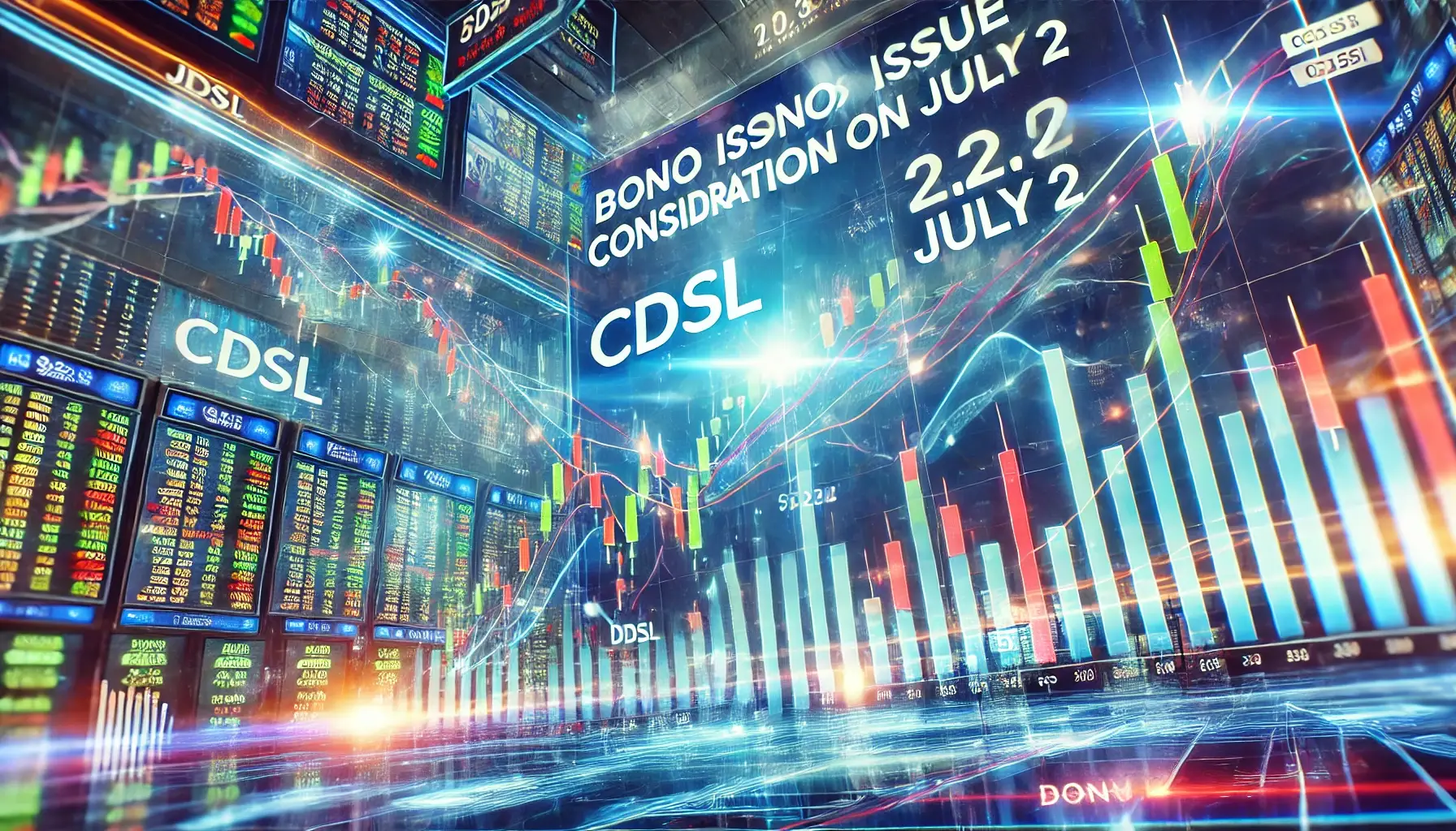 Dynamic financial chart showing a significant surge in CDSL share price, reaching record highs. The chart includes markers for a bonus issue consideration on July 2. In the background, there is a futuristic stock market trading floor with digital screens displaying various stock prices and financial data. The scene is vibrant and filled with energy, capturing the excitement of the market reaction, with a clear focus on CDSL.