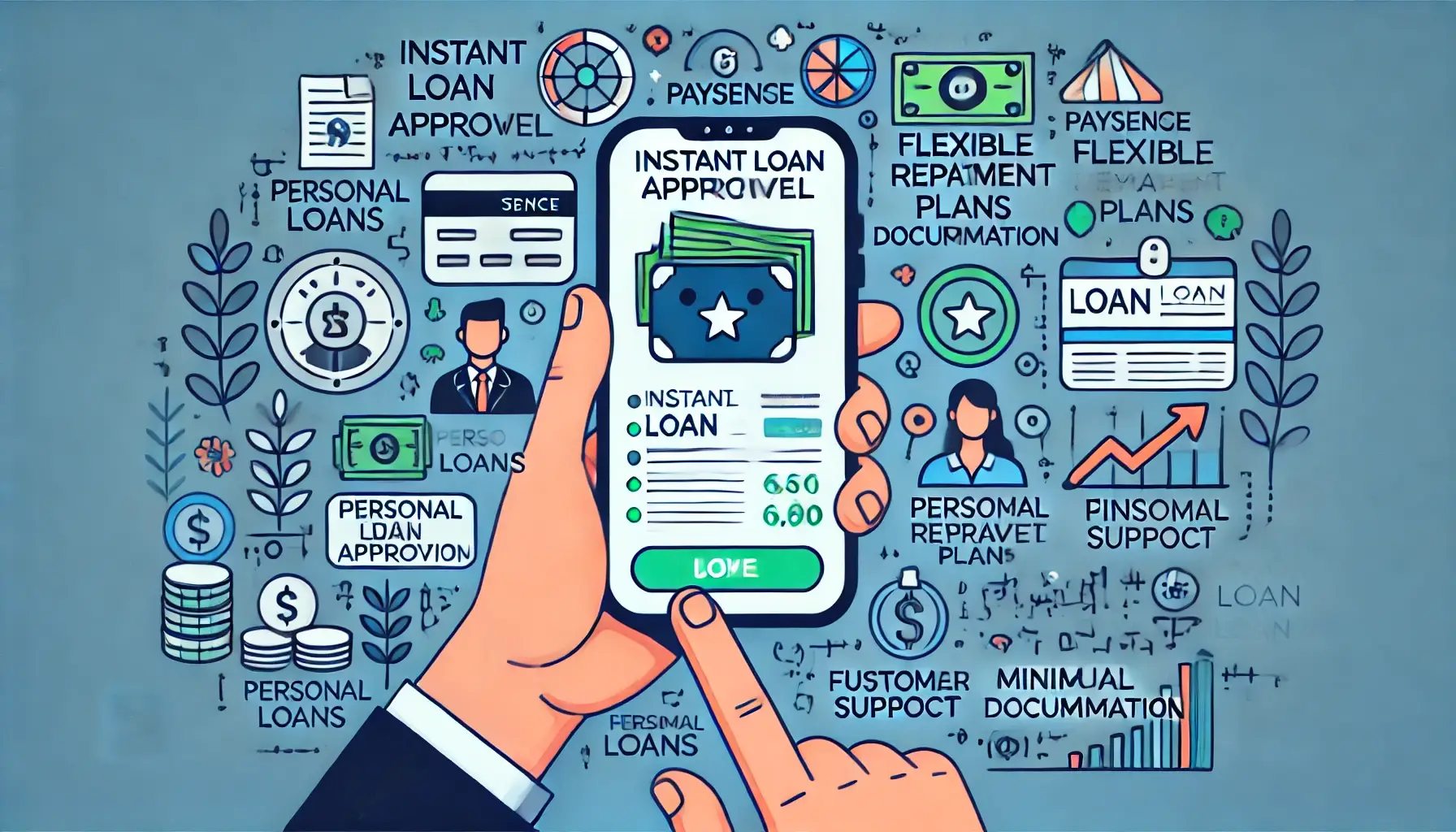 Illustrated guide of PaySense Loan App interface on smartphone highlighting instant loan approval, flexible repayment plans, and minimal documentation with icons representing personal loans, customer support, and financial growth