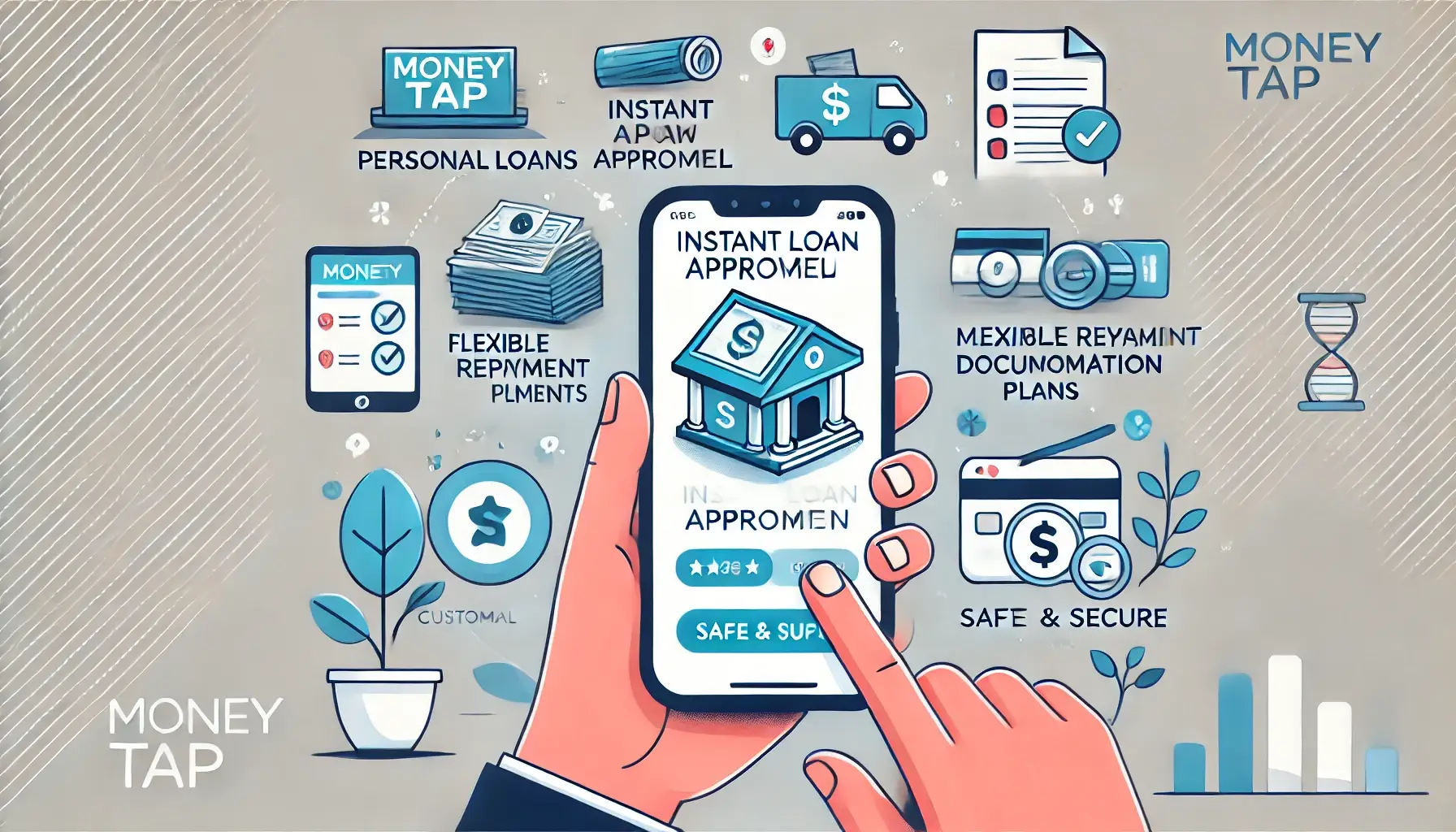 Wide illustrated guide of MoneyTap app interface on smartphone highlighting features like instant loan approval, flexible repayment plans, and minimal documentation, with background icons for personal loans, customer support, financial growth, and a secure transaction symbol.