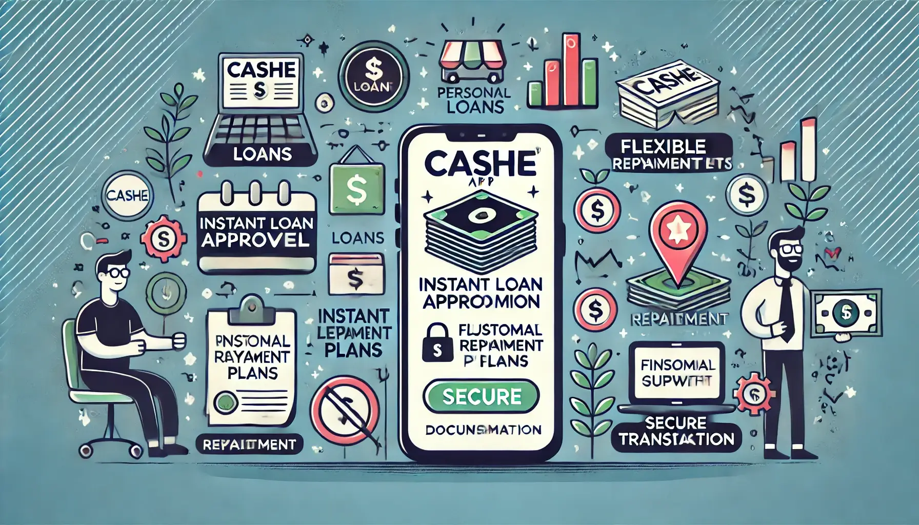 Wide illustrated guide of CASHe app interface on smartphone highlighting features like instant loan approval, flexible repayment plans, and minimal documentation, with background icons for personal loans, customer support, financial growth, and a secure transaction symbol, all in bright and vibrant colors.