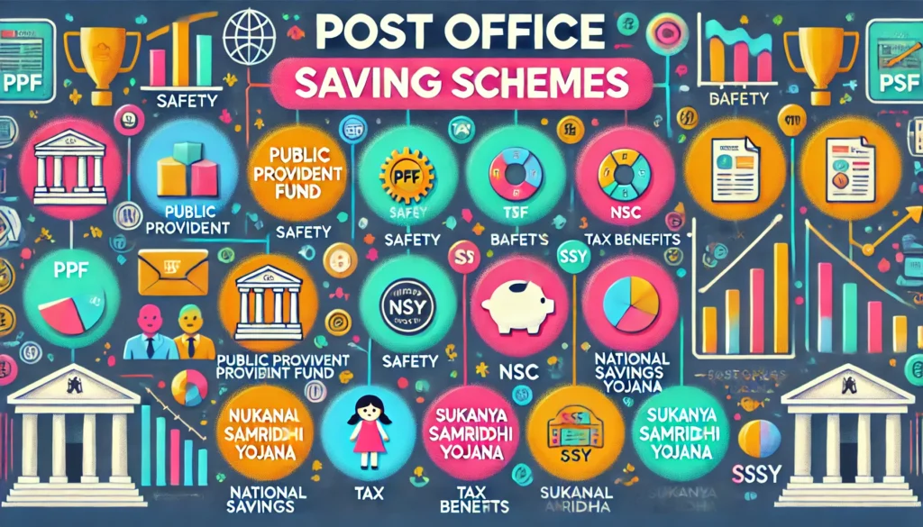 Infographic on Post Office Saving Schemes: Top banner reads 'Post Office Saving Schemes' in bold font. Benefits include safety, tax advantages, and scheme diversity. Icons represent each scheme: lock for Public Provident Fund (PPF), graph for National Savings Certificate (NSC), and girl silhouette for Sukanya Samriddhi Yojana (SSY). Interest rates are displayed in colorful charts or bubbles. Bottom section includes a call to action to visit a local post office or use online services to invest in these saving schemes.