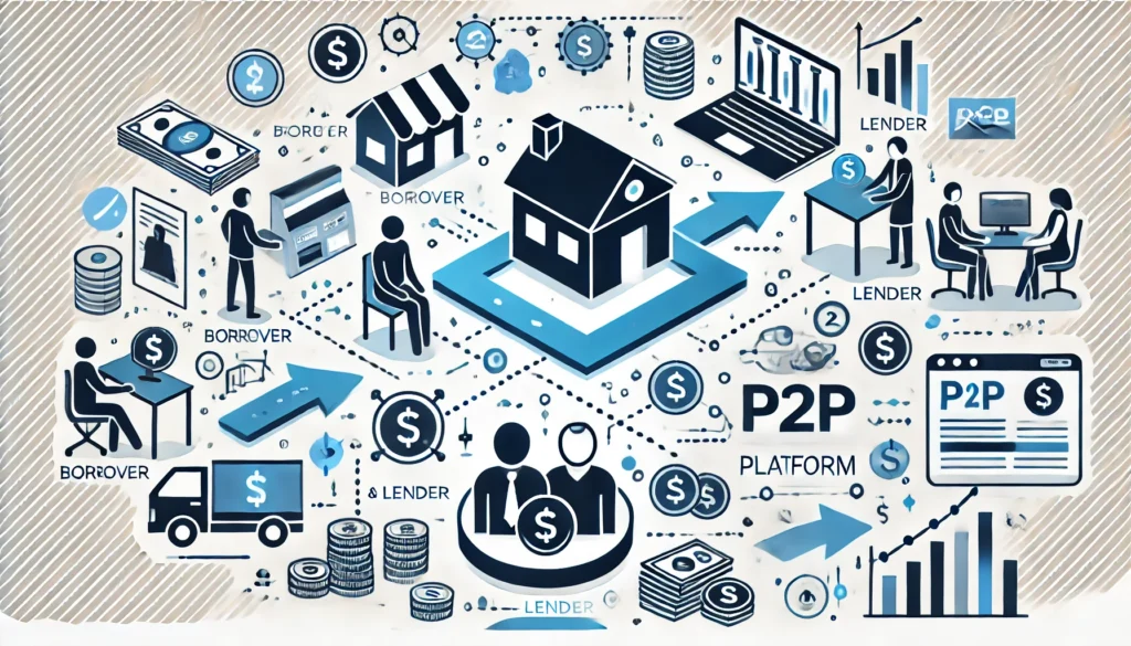 Illustration of Peer-to-Peer (P2P) lending process showing borrowers, lenders, P2P platform, and the flow of money between them. The image includes icons representing borrowers and lenders, a computer for the P2P platform, and arrows indicating the movement of loans and repayments.