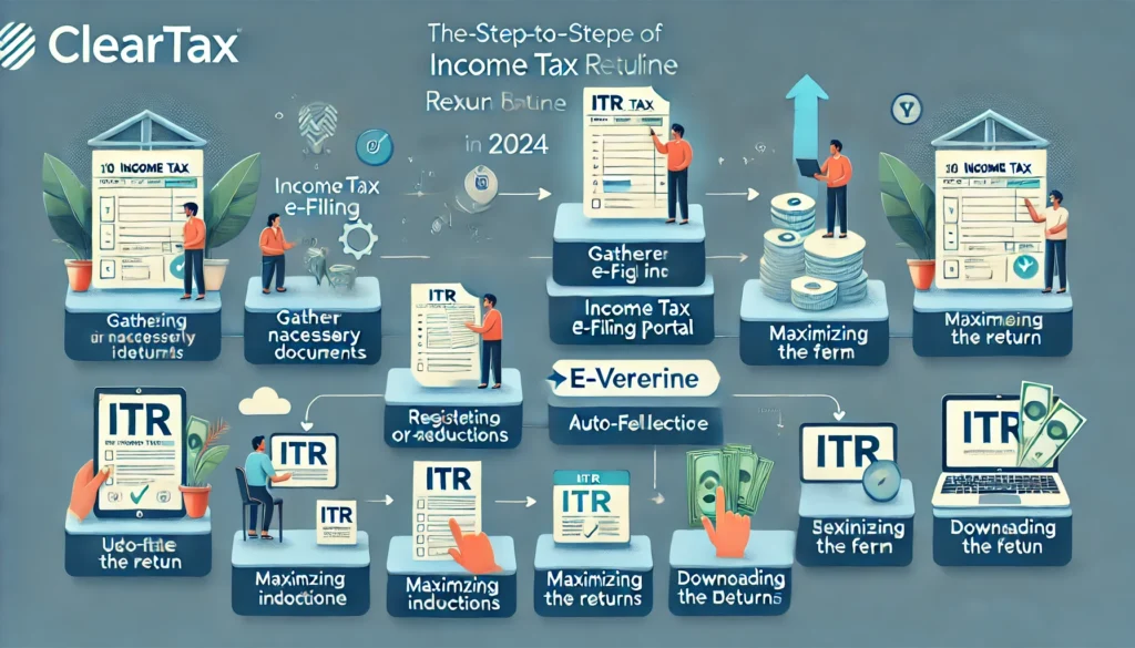 Step-by-Step Infographic for Filing Income Tax Return (ITR) Online in India 2024 - A Comprehensive Guide Featuring ClearTax Benefits