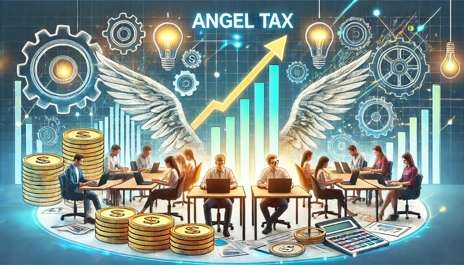 Illustration of a startup office with young entrepreneurs working on laptops, surrounded by stacks of coins and tax documents, symbolizing the financial aspects of angel tax. The background features a rising graph, indicating growth and investment, with lightbulbs and gears representing innovation and technology. The scene conveys a sense of relief and progress after the abolition of angel tax.