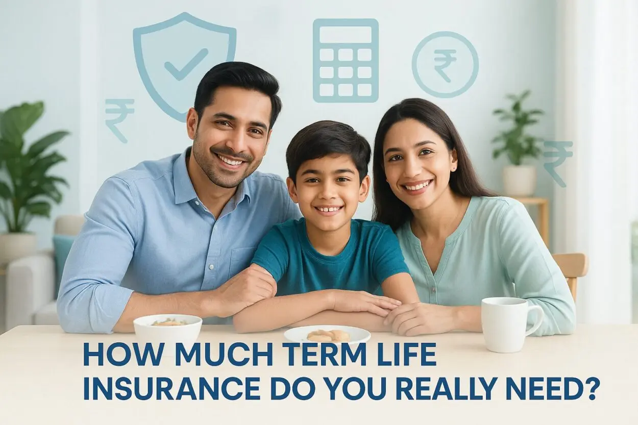 Modern Indian family (parents and child) smiling at a dining table with financial icons (shield, calculator, rupee) in the background, symbolizing term life insurance and financial security. Text: “How Much Term Life Insurance Do You Really Need?