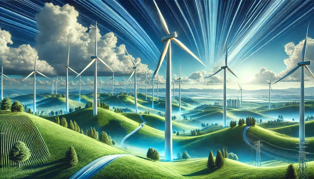 Modern wind turbines on rolling green hills under a bright blue sky, symbolizing renewable energy and technological innovation in wind power.