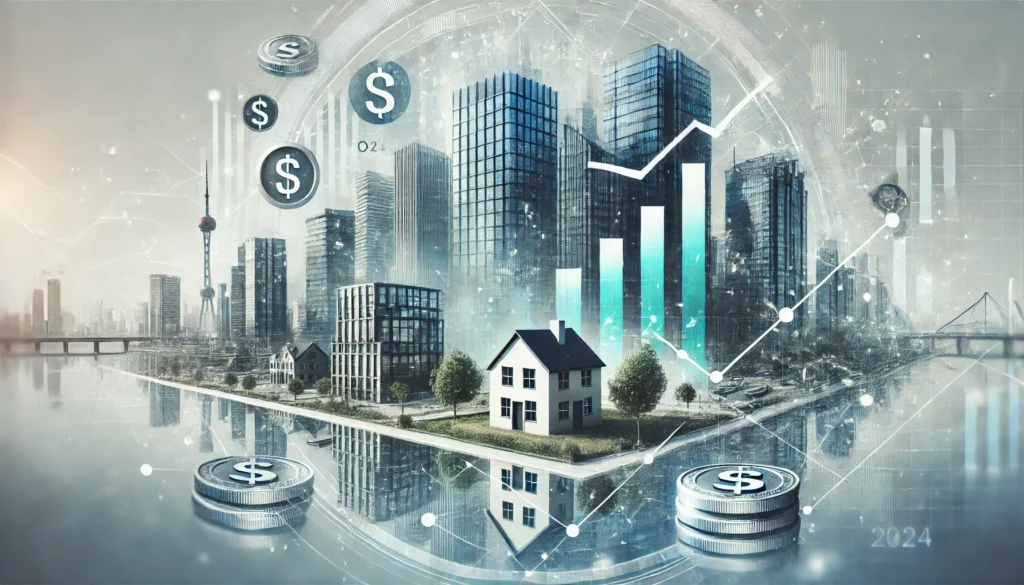 Modern image of REITs in 2024 with buildings, graphs, and coins symbolizing investment growth.