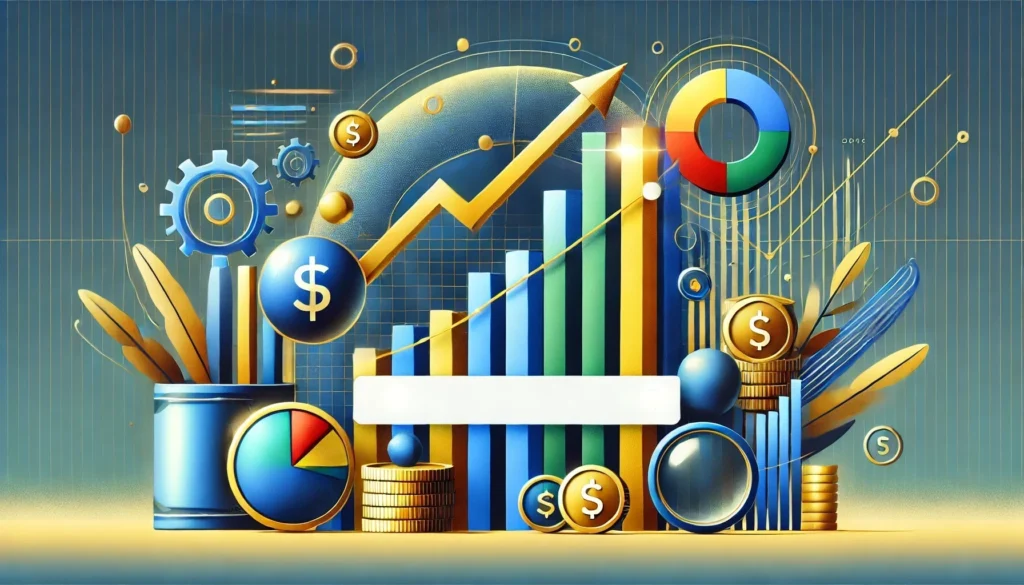 Modern investment-themed image with bold colors, upward-trending graphs, coins, and abstract shapes. No human figures. Clean, uncluttered design ideal for financial growth content.