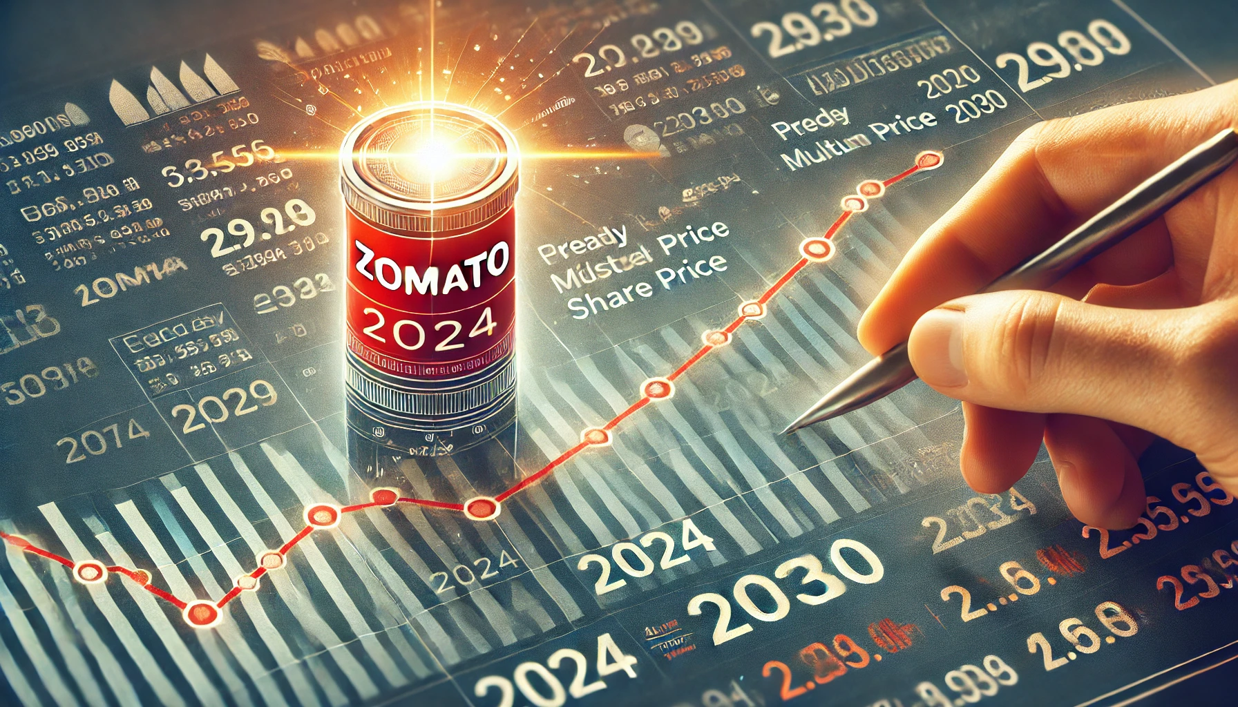 Graph showing the projected rise of Zomato share price from 2024 to 2030 with a focus on its potential to become a multibagger, featuring the text 'Zomato'