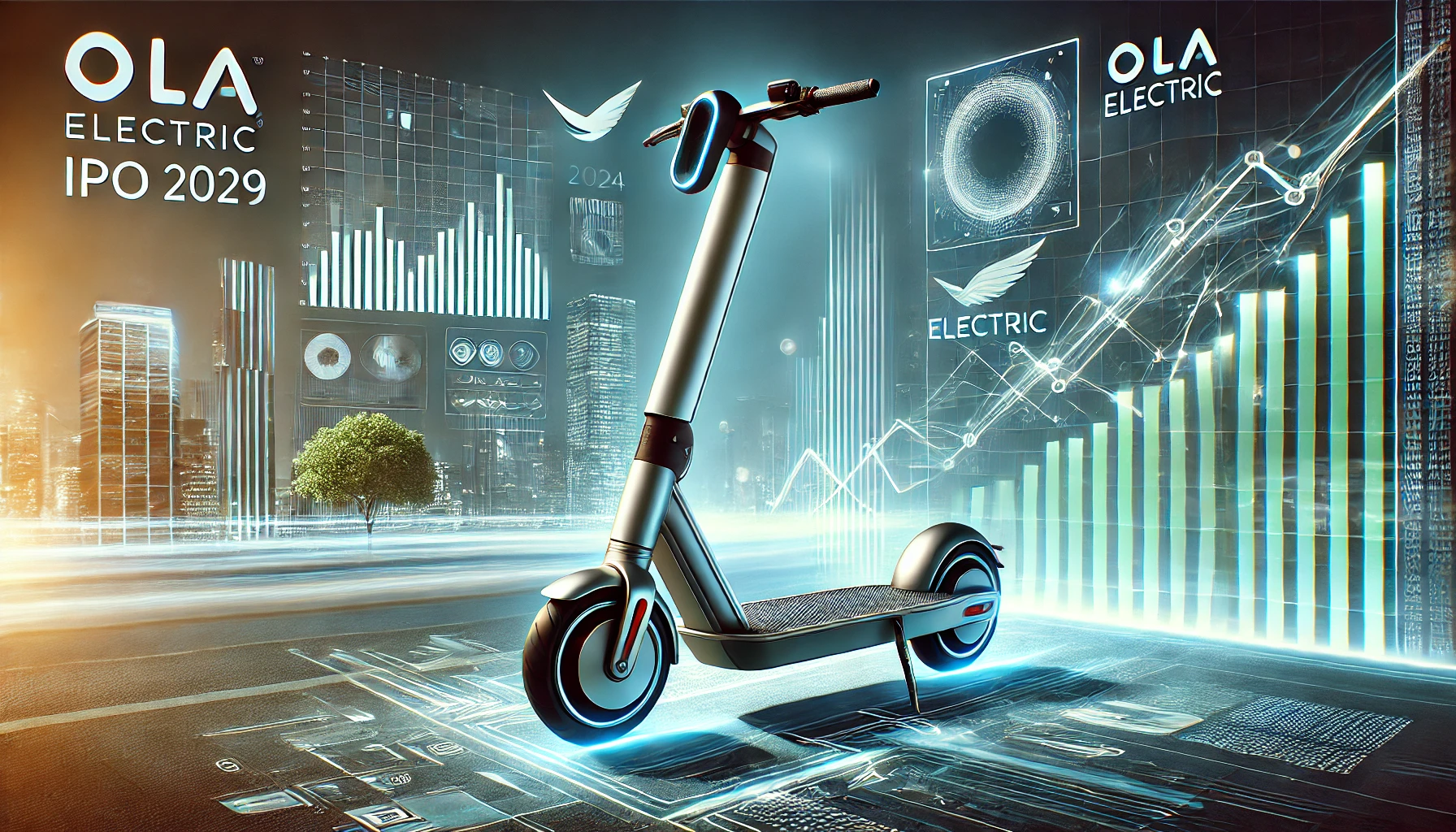 A sleek modern electric scooter, resembling the Ola S1, prominently displayed with a futuristic cityscape in the background. Subtle financial graphs and charts are overlaid, representing market analysis and investment opportunities. The color scheme includes shades of blue, green, and white, conveying trust and innovation, with the Ola Electric logo subtly integrated into the design.