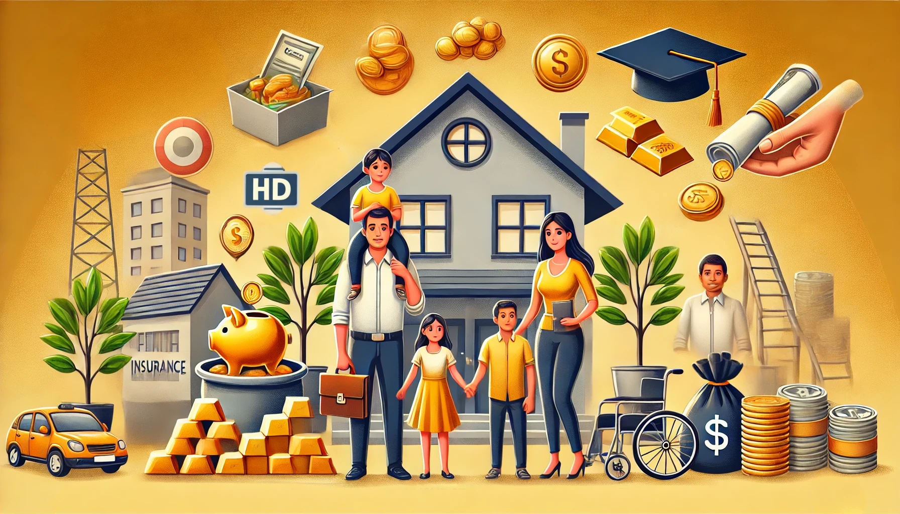 Indian family with generational wealth symbols like real estate, gold, bonds, and Indian Rupees, illustrating how to build generational wealth in India