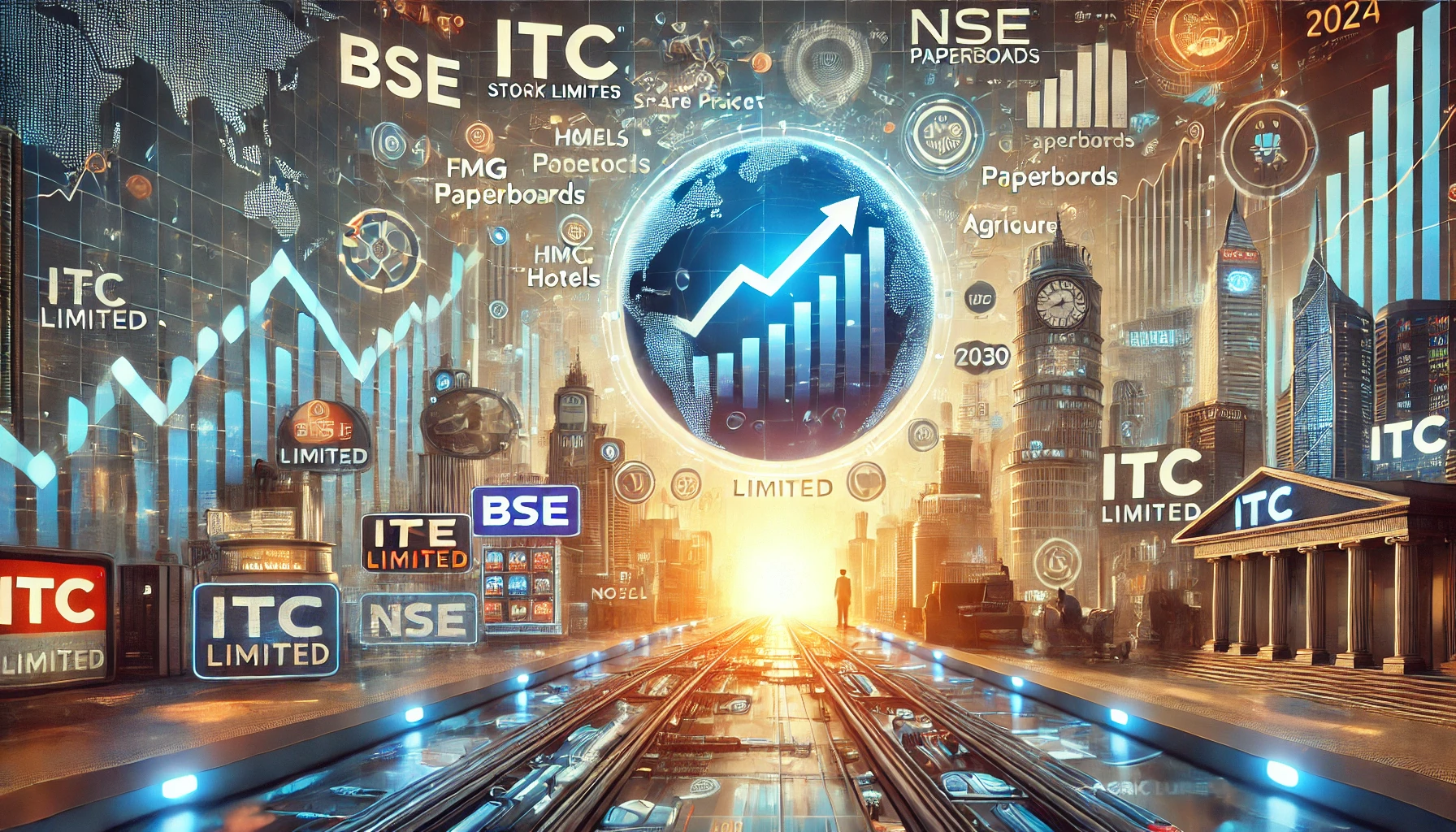 Futuristic financial market scene with ITC Limited share price targets from 2024 to 2030, featuring stock charts, BSE and NSE logos, and ITC's diverse business sectors.