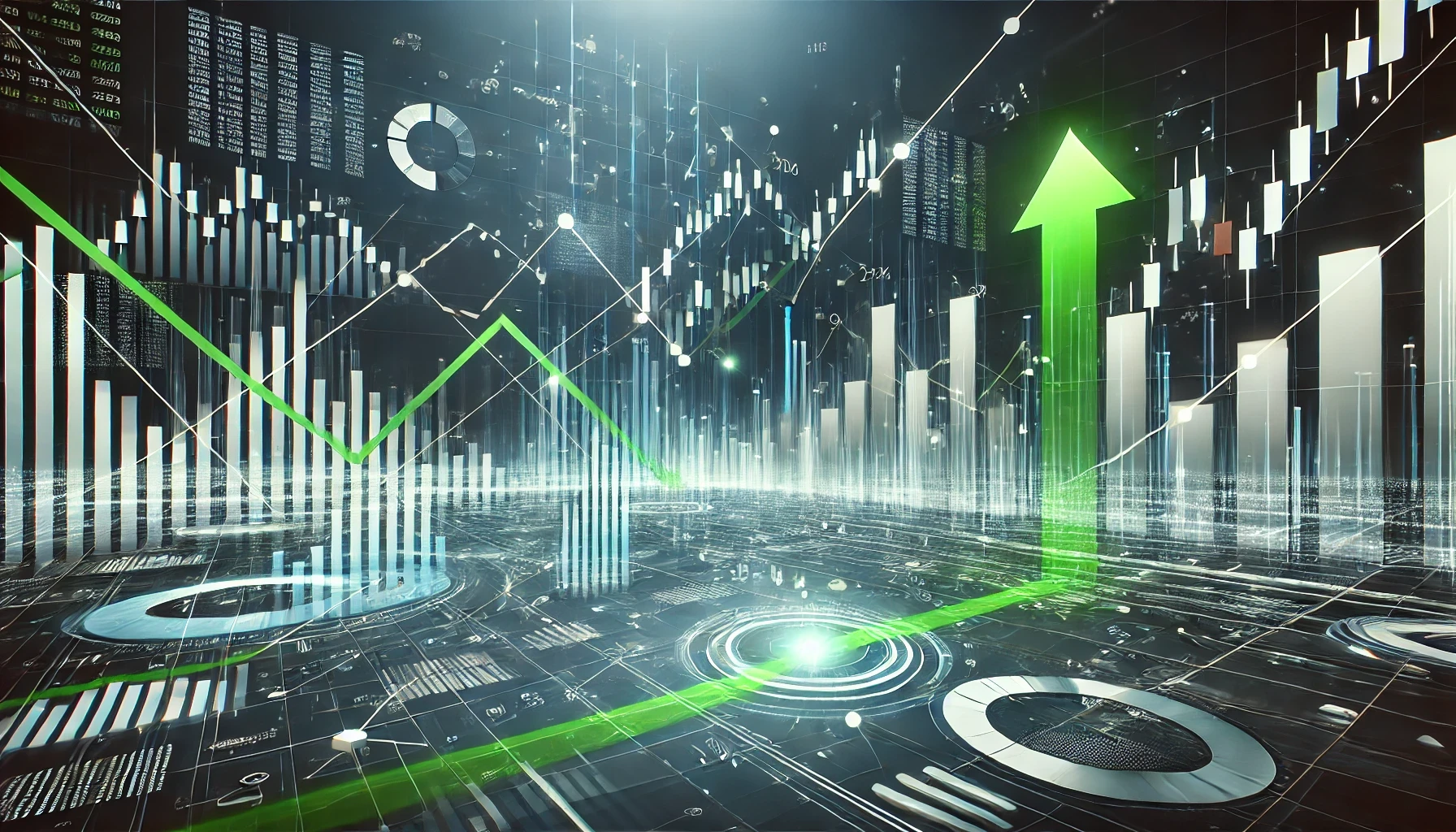 Abstract stock market scene with digital lines and green upward arrows indicating financial growth and market success in a clean, minimalistic, and futuristic design.