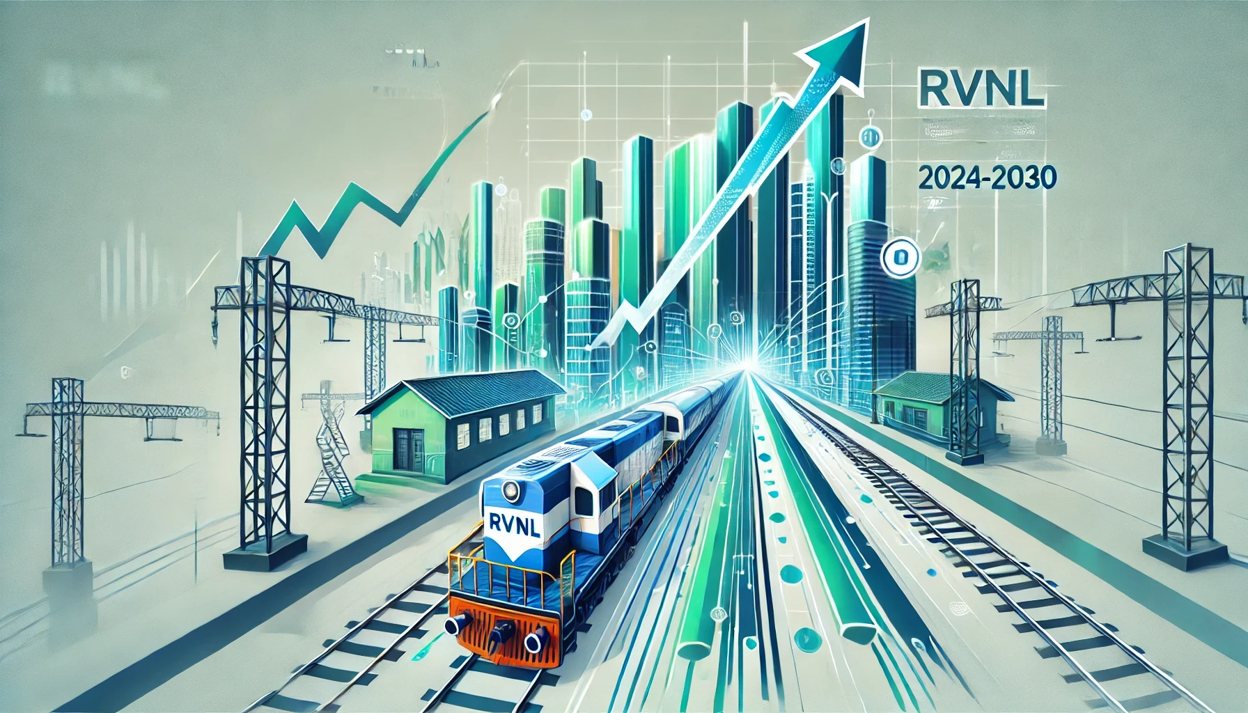 Wide and clean image representing financial growth, stock market trends, and railway infrastructure, with subtle integration of the Rail Vikas Nigam Limited (RVNL) logo. The background features a modern gradient design in shades of blue, green, and white, emphasizing upward trends and stability.