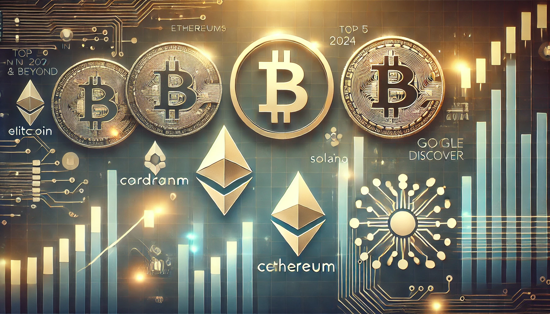 Wide image featuring the logos of five popular cryptocurrencies: Bitcoin, Ethereum, Cardano, Solana, and Polkadot. The background is sleek and tech-inspired, with elements like digital circuits and blockchain icons, representing growth and innovation in the cryptocurrency market. The color scheme includes shades of blue, gold, and green to symbolize financial growth and wealth.