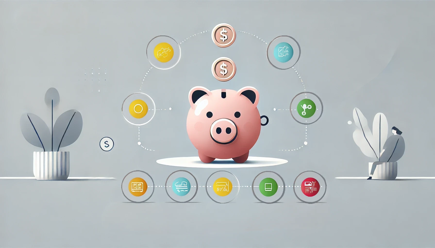 Piggy bank with 3D icons for savings, budgeting, and expense reduction, set against a clean, light background.