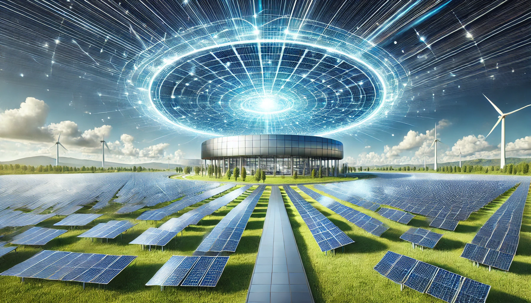 Futuristic solar farm with modern solar panels on a green landscape under a bright blue sky, representing solar innovation and sustainable growth in renewable energy.