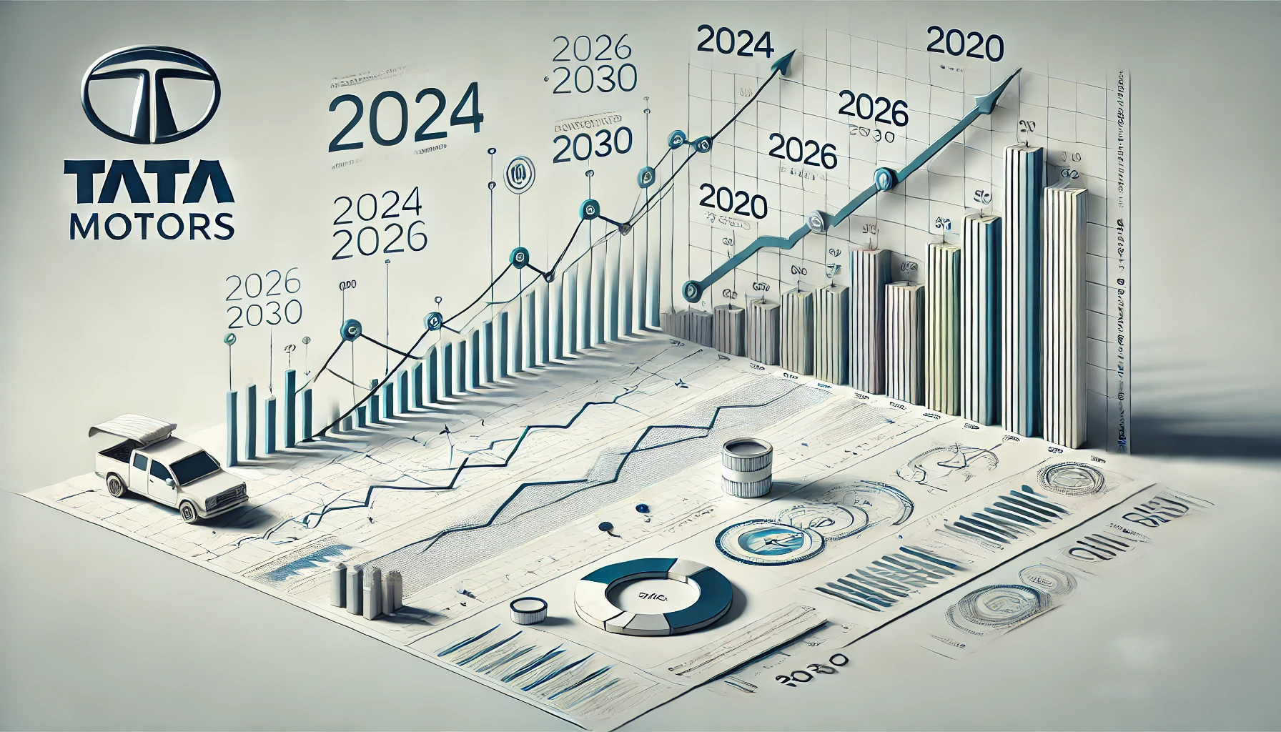 Clean and simple graphic showing Tata Motors' share price forecast from 2024 to 2030 with key milestones marked on a minimalistic line graph.