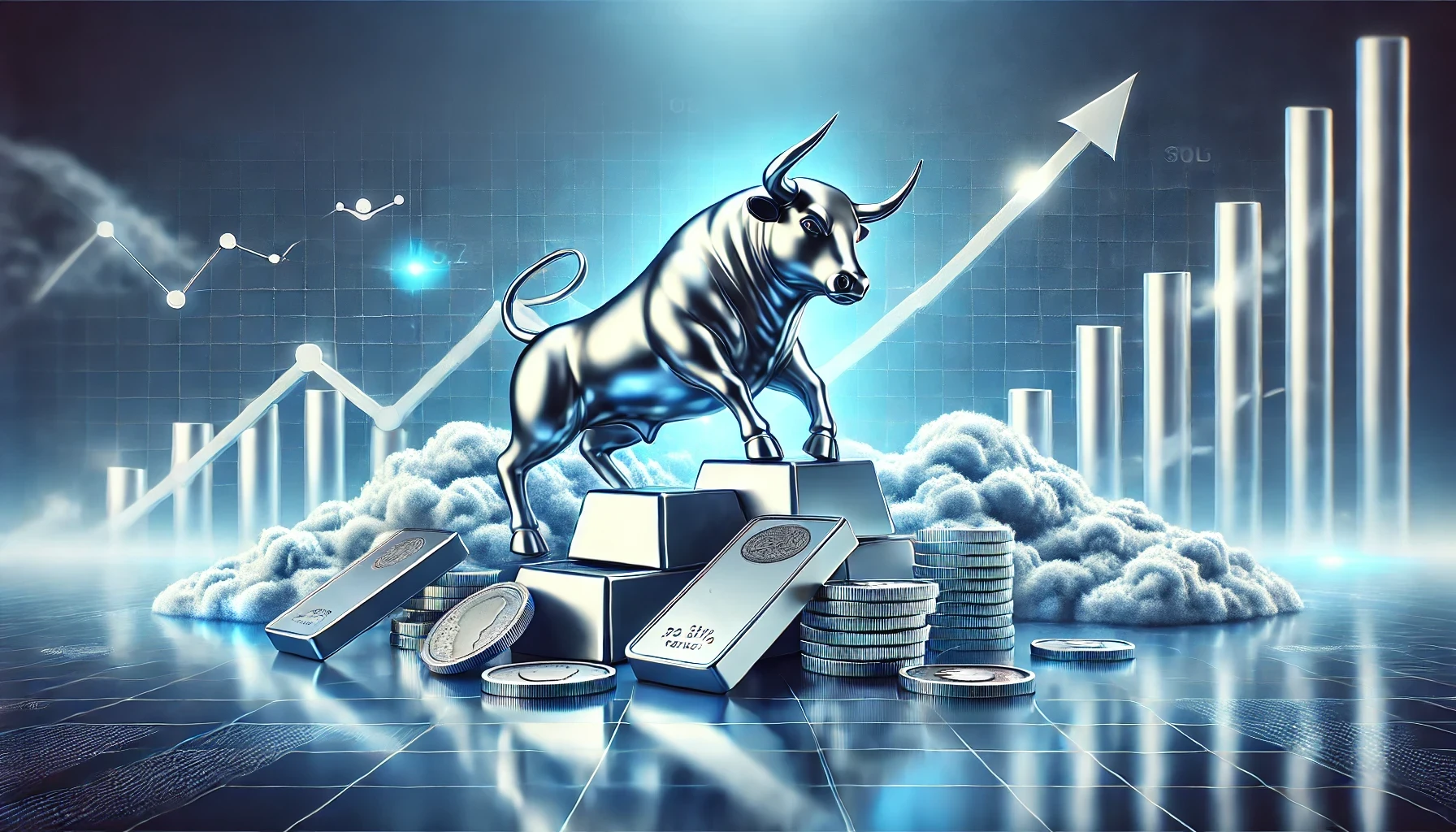 3D illustration of silver coins and bars with a stock chart, pie chart, and Invest With Bull logo, highlighting financial growth and investment opportunities