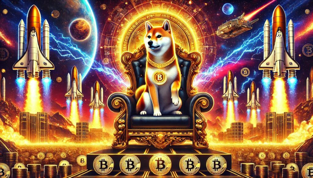 Shiba Inu mascot on a golden throne, wearing a glowing Shiba Inu token necklace, symbolizing dominance over other cryptocurrencies in a cosmic battlefield. Highlights Shiba Inu's rise and relevance in the crypto world, as discussed in the article.