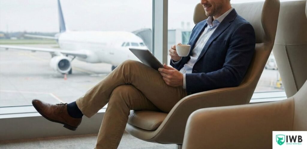 7 Best Credit Cards for Salaried People in India (2026 Guide) – Unlock Maximum Savings 4 A salaried professional enjoying complimentary domestic airport lounge access, a premium benefit of credit cards like YES Prosperity Edge, while waiting for a flight.