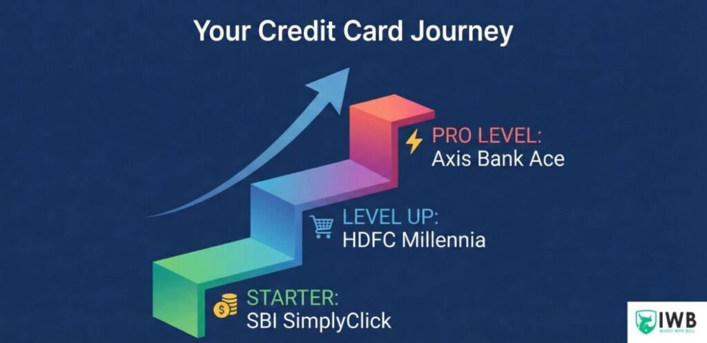 7 Best Credit Cards for Salaried People in India (2026 Guide) – Unlock Maximum Savings 1 Infographic illustrating the Best Credit Cards journey for salaried employees in India, progressing from starter cards like SBI SimplyClick to pro level cards like Axis Bank Ace.