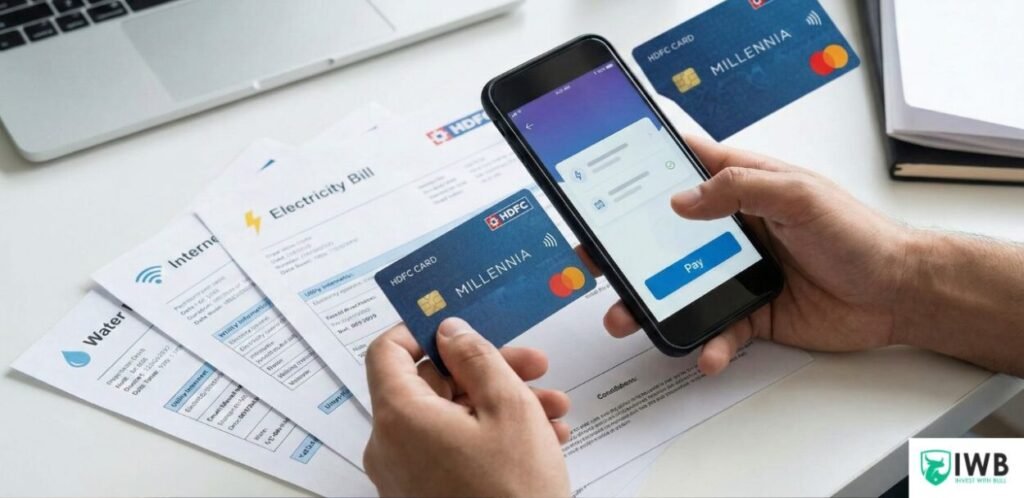 7 Best Credit Cards for Salaried People in India (2026 Guide) – Unlock Maximum Savings 2 Person using an HDFC Millennia Credit Card to make online utility bill payments for electricity and water via a smartphone app.