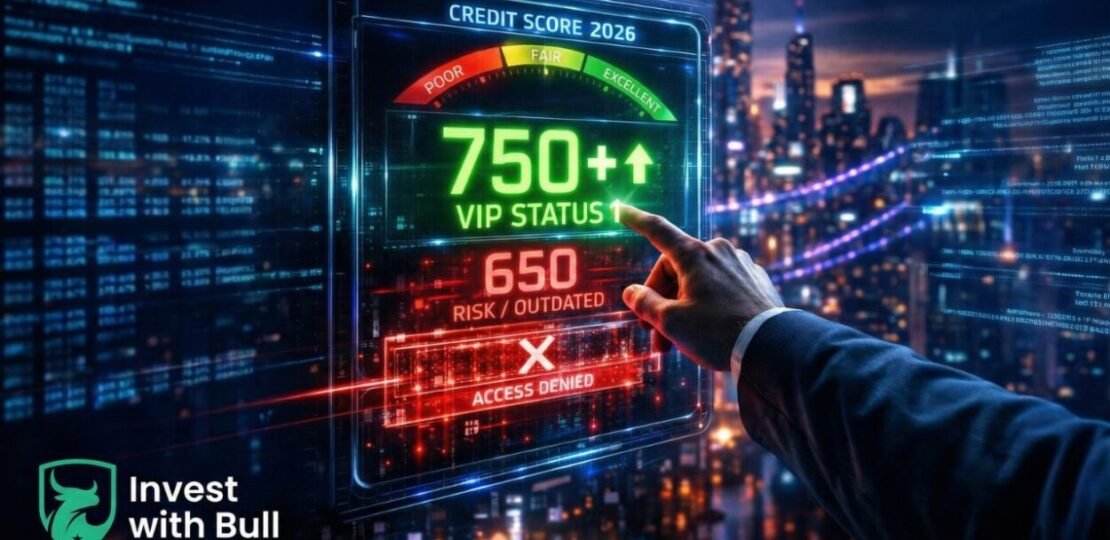 A 2026 AI credit score dashboard highlighting the difference between risk (650) and VIP status (750+).