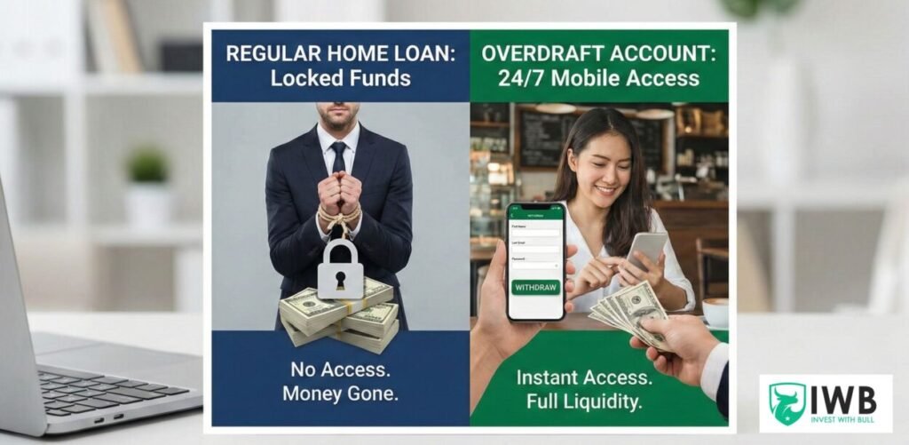 Infographic comparing a traditional home loan with locked funds to a modern overdraft account with 24/7 mobile access and liquidity.
