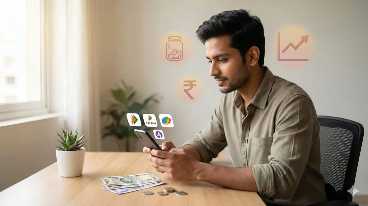 Indian young professional managing money at home, saving money on low salary, personal finance planning India