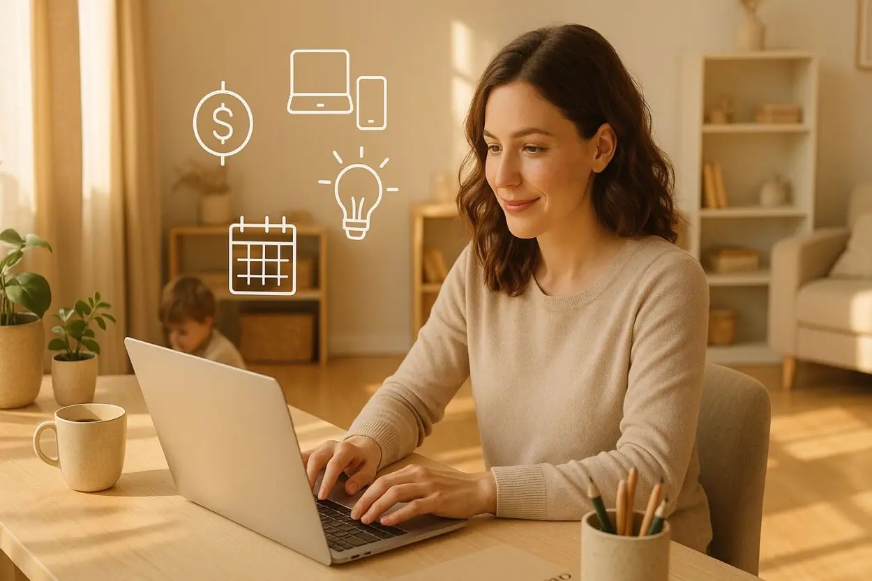 stay-at-home mom working on a laptop