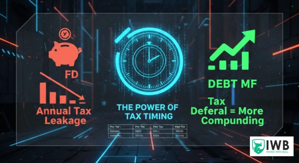 Infographic showing FD annual tax leakage vs Debt Mutual Fund tax deferral compounding benefits in India 2026.