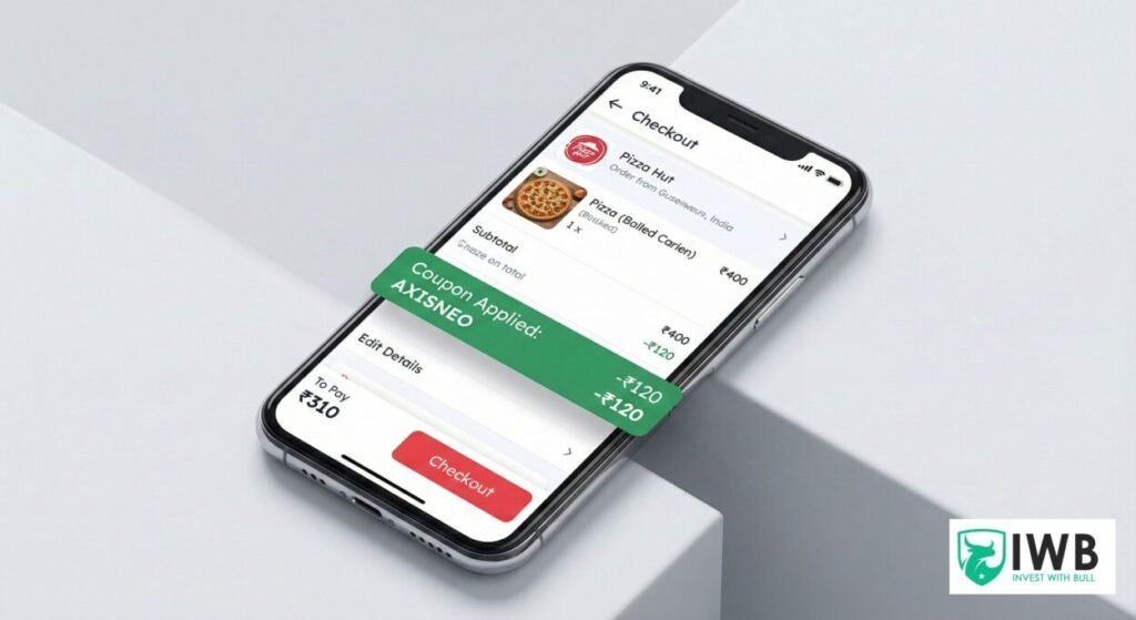 Axis Neo Credit Card Review 2026: Is it Really Lifetime Free? 1 Axis Neo Credit Card Zomato coupon code AXISNEO applied on checkout screen showing 120 rupees discount