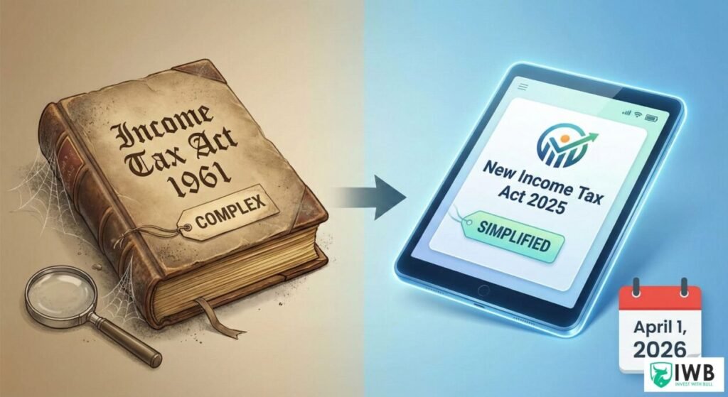 A comparison infographic. Left side shows a dusty, thick book labeled "Income Tax Act 1961" with 'Complex' tag. Right side shows a sleek digital tablet labeled "New Income Tax Act 2025" with 'Simplified' tag. An arrow points from Old to New with text "Effective April 1, 2026"