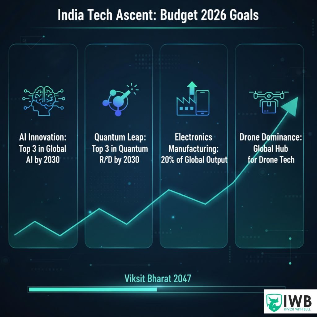 An infographic titled 'India Tech Ascent: Budget 2026 Goals'. It shows four columns with icons: 'AI Innovation: Top 3 in Global AI by 2030', 'Quantum Leap: Top 3 in Quantum R&D by 2030', 'Electronics Manufacturing: 20% of Global Output', and 'Drone Dominance: Global Hub for Drone Tech.' An upward trend line connects them.