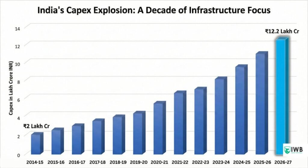 A vertical bar chart illustrating the dramatic rise in India's Capital Expenditure from ₹2.0 lakh crore in the fiscal year 2014-15 to a projected ₹12.2 lakh crore in 2026-27, depicting a steady upward trend in infrastructure spending.