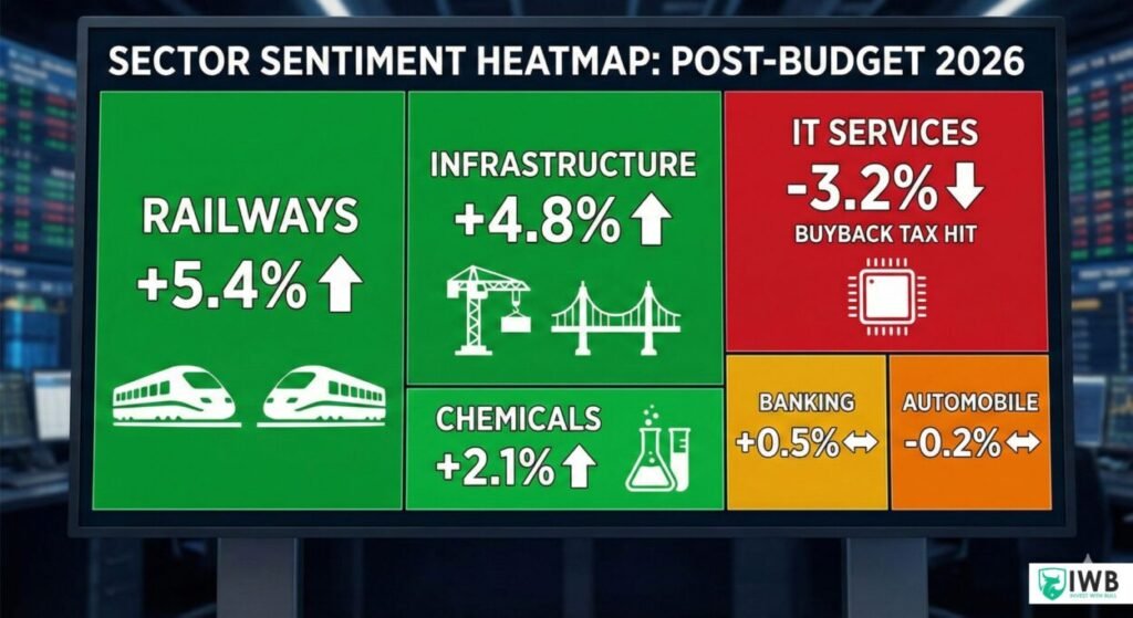 A stock market heatmap showing Railways and Infrastructure sectors in bright green (bullish), Chemicals in light green, and IT Services in red (bearish) following the Union Budget 2026.