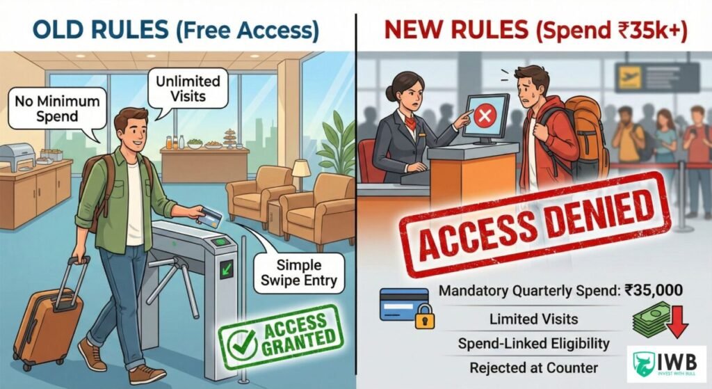 Airport Lounge Access is No Longer Free: The 2026 List of Cards That Actually Work 1 Comparison infographic showing Airport Lounge Access rules in 2026. Left side shows "Access Granted" with no minimum spend (Old Rules). Right side shows a traveler getting "Access Denied" at the counter due to the new ₹35,000 mandatory quarterly spend requirement.