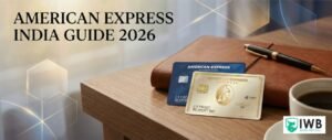 American Express India Guide 2026 featuring Amex Business Gold and Blue credit cards on a professional wooden desk