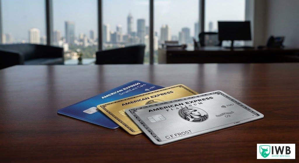 A premium photograph showing three American Express Credit Card India —the metal Platinum Charge, the Gold Charge, and the blue SmartEarn—fanned out on a wooden office desk with a city skyline in the background.