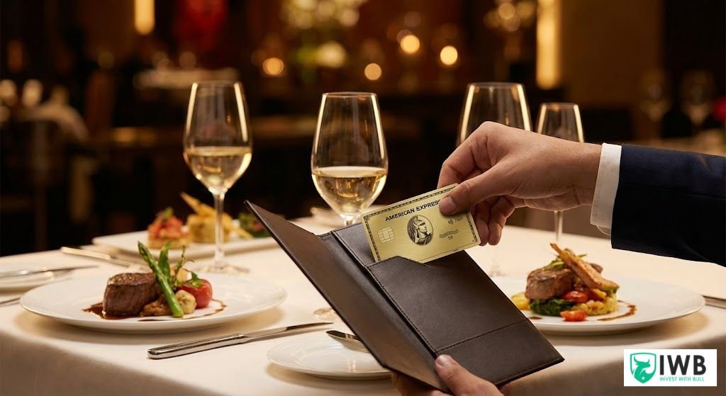 A hand placing an American Express Gold Card into a leather bill folder at a luxury fine-dining restaurant table set with gourmet food and wine glasses.