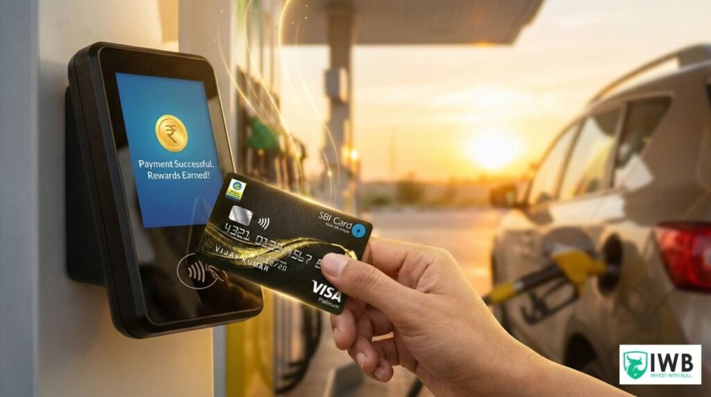Fuel Your Savings: The Complete 2026 Guide to the BPCL SBI Credit Card 1 Person using the contactlessBPCL SBI Credit Card at a gas station payment terminal to earn fuel rewards.